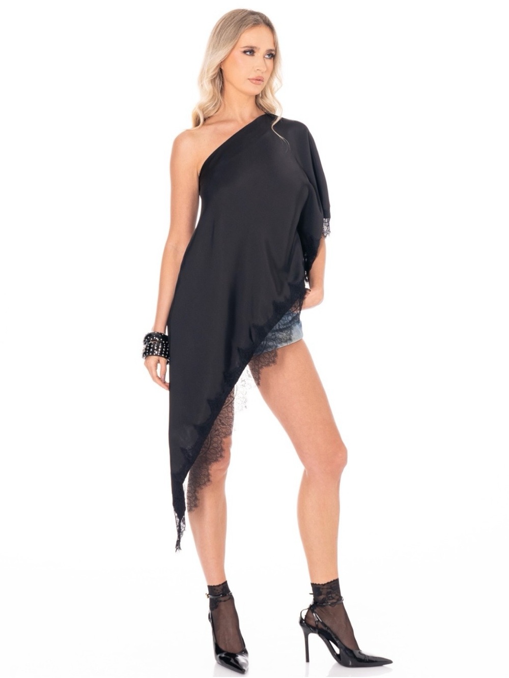 Midnight Muse One-Shoulder Lace Trim Asymmetrical Tunic Top